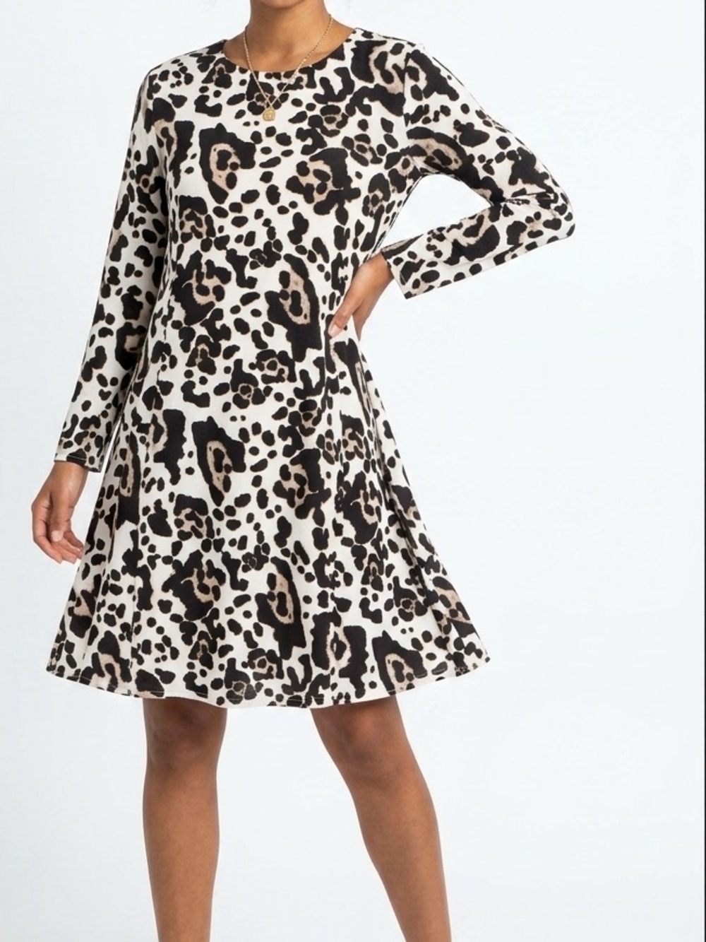 CECE Cream Black & Brown Leopard Print Long Sleeve Midi Dress